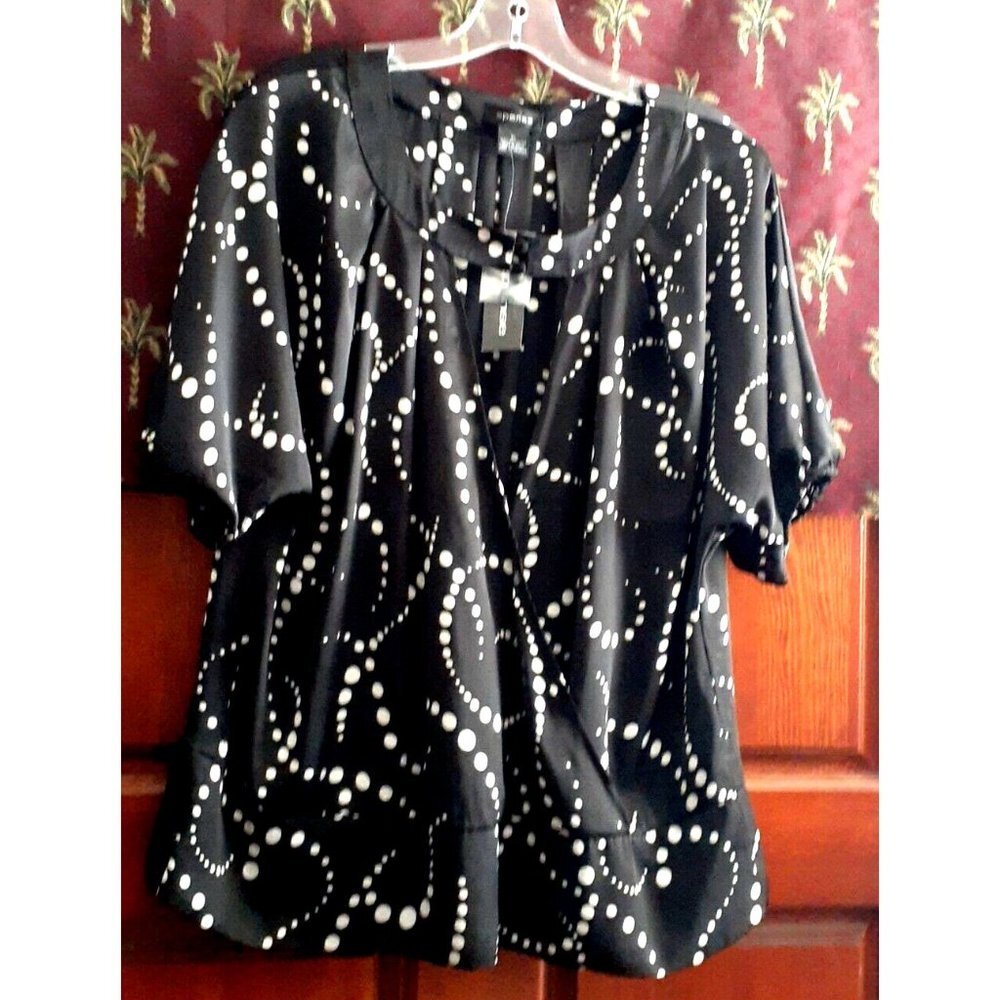 Spense Polka Dot Puff Sleeve Button Neck Deep Plunge Crossover Top Blouse XL New